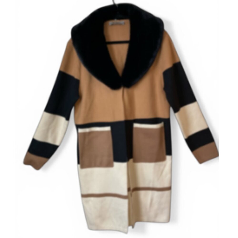 Brian Bailey Knit Brown Colour Block Maxi Cardigan Jacket, Faux Fur, Medium
